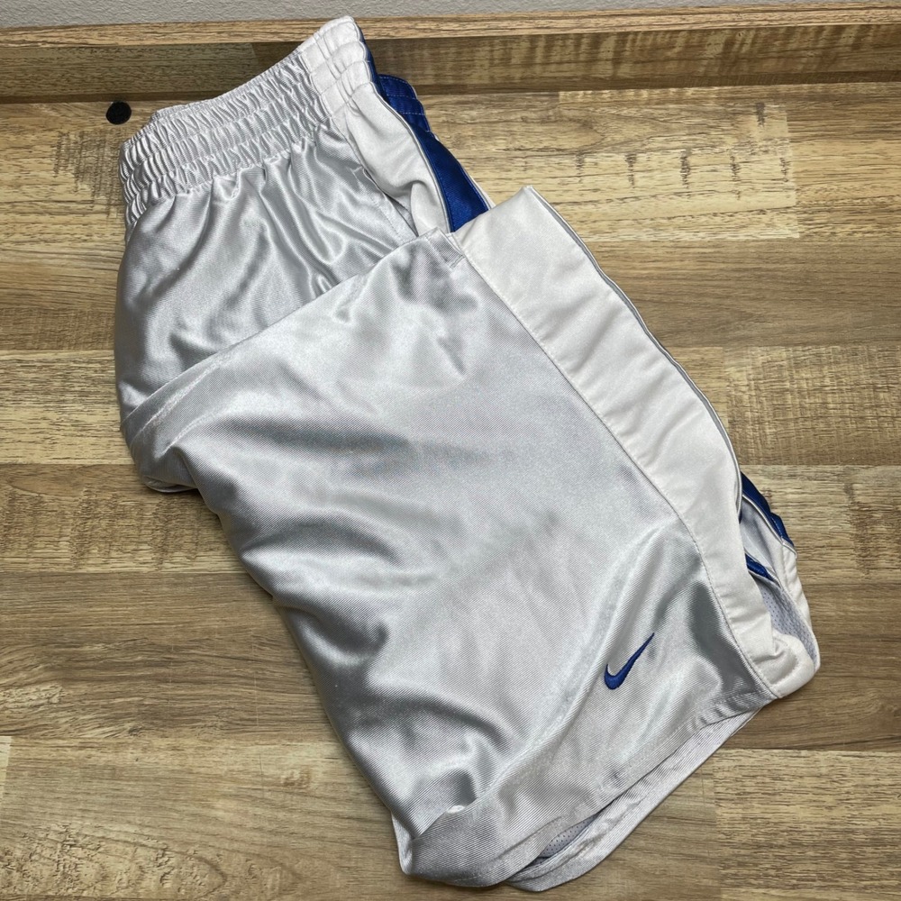 Nike Vintage Basketball Shorts Mens Medium Silver Blue Dazzle Mesh Lined Heavy